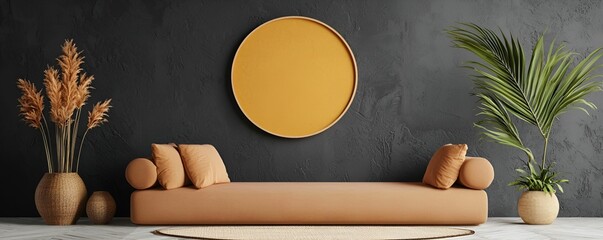 Wall Mural - A modern, minimalist living room featuring a stylish tan sofa, decorative plants, and a circular wall mirror against a dark backdrop.