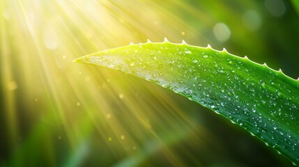 Aufkleber - Aloe vera leaf glistens under bright sunlight, droplets of water clinging to its surface, while a lush green background adds a sense of tranquility and vitality to the scene