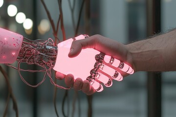 Poster - Futuristic Interaction Between Human Hand and Robotic Hand with Neon Lighting in Modern Environment