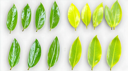 Green and yellow leaves,  showing color difference,  isolated on white background.  Possible use in education or design projects.