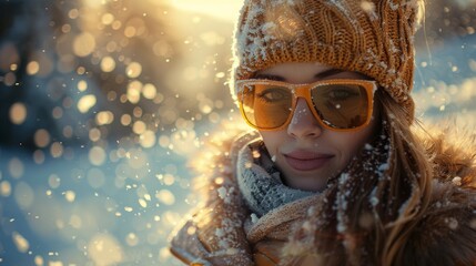 Poster - Young woman stands in a snowy environment, illuminated by golden sunlight. She wears a cozy knitted hat and sunglasses, enjoying the serene winter day amidst falling snowflakes.