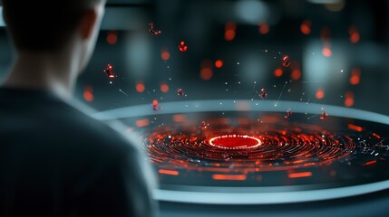 Poster - Futuristic digital interface with abstract glowing elements and focused human silhouette in a tech-inspired space