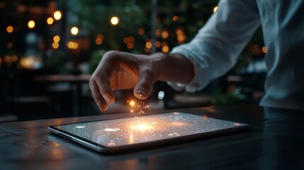 Poster - Hand Reaches Towards Tablet Displaying Cosmic Sparks in a Dimly Lit Cafe Atmosphere with Bokeh Background