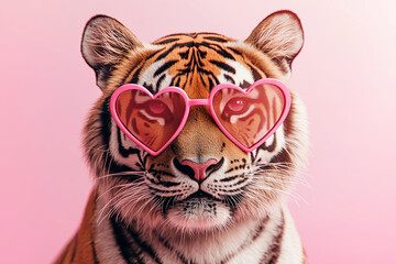 closeup photo of a stylish tiger wearing oversized pink heart-shaped sunglasses. expression is calm and confident, exuding a playful and trendy vibe. The background is a solid pastel pink 