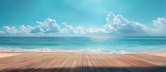 Wall Mural - Serene Tropical Beach with Wooden Deck Overlooking Turquoise Ocean and Fluffy Clouds Under a Bright Blue Sky