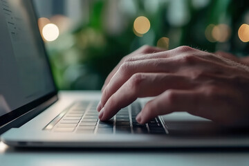 Person typing on a laptop with blurred greenery in the background during evening hours