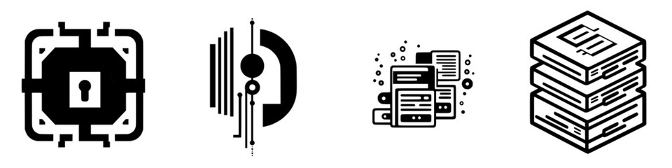 Poster - Digital security and data management symbols illustrating modern technology concepts in a minimalist design