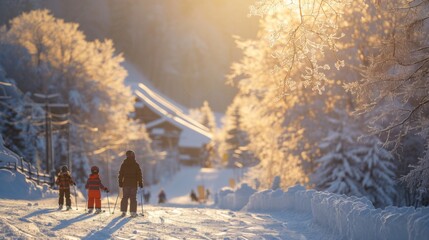 Poster - Skiers traverse a snow covered trail as sunlight filters through frosted trees, creating a serene winter atmosphere with distant mountains in view.