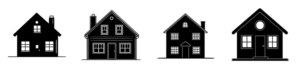 Poster - Collection of black silhouette house designs showcasing various architectural styles and features in a simple layout