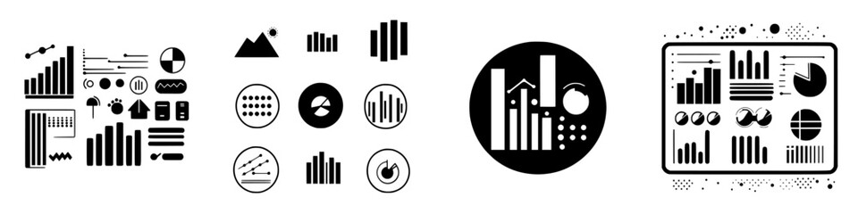 Poster - Various black and white data visualization elements with graphs, charts, and icons for statistical analysis in design projects