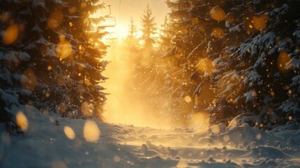 Aufkleber - Sunlight streams through the tall evergreen trees blanketed in snow during a beautiful sunset, illuminating the forest path and creating a breathtaking winter wonderland ambiance.
