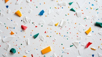 Poster - Microplastic Pollution. Colorful fragments scattered on a textured white surface.