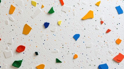 Poster - Microplastic Pollution. Colorful chips scattered on a textured surface, creating a playful and vibrant pattern.
