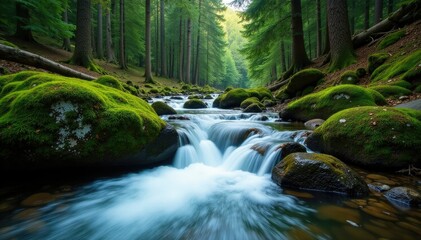 Wall Mural - water cascading over mossy rocks in pine forest, nature, river, water