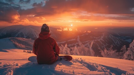 Poster - A snowboarder sits quietly on a snowy slope, gazing at the vibrant hues of sunset as clouds drift over distant mountains. Fresh snow glistens in the fading light.
