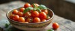 © DEER FLUFFY - Fresh cherry tomatoes garnished with basil leaves in a rustic bowl on a textured surface.