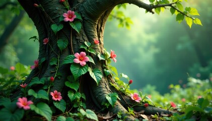 Wall Mural - overgrown vines and flowers crawling up a ancient tree trunk, foliage, flowers, vines