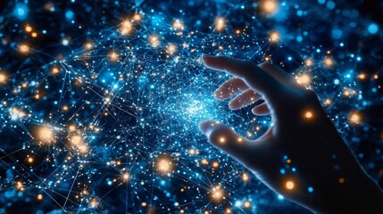 Poster - Hand Interacting With Global Network Of Connected Points. Global Digital Community Concept