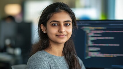 A young Indian female software developer is seen in a modern office environment, focused on her work with coding displayed on the screen behind her.