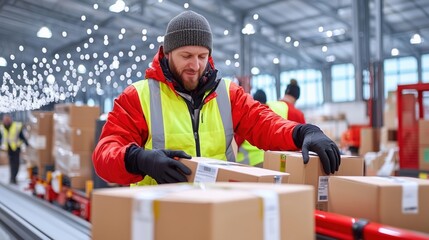 Poster - warehouse worker in bright yellow vest organizing packages in busy distribution center illuminated w