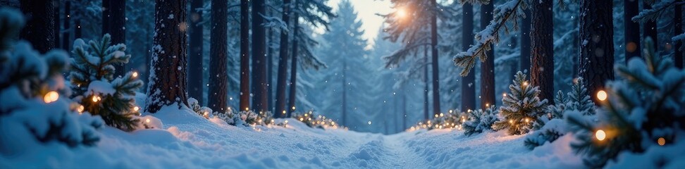 snowy forest with twinkling lights and festive greenery, christmas, snow