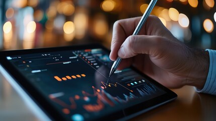 Fototapete - Hand holding pen analyzing data on tablet screen with colorful graphs and charts in blurred background of warm lights and modern workspace ambiance