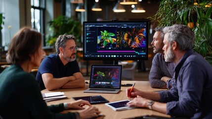 Poster - Group of Diverse Professionals Engaged in Creative Collaboration During Meeting with Technology and Visuals in Modern Workspace