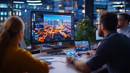 Poster - Collaborative Team of Professionals Analyzing Urban Cityscape on Computer Screen in Modern Office Environment During Evening Hours