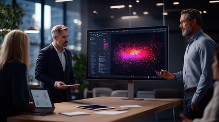 Fototapete - Professional Business Meeting with Colleagues, Modern Workspace, Team Collaboration, Digital Presentation, Creative Data Visualization