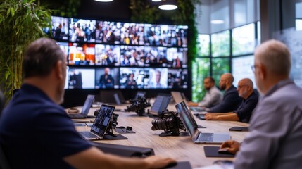 Poster - A Diverse Team Collaborates in a Modern Office Conference Room with Multiple Screens Displaying Video Calls and Presentations