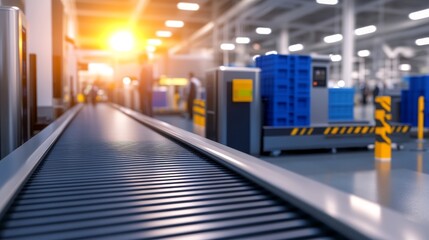 Poster - Modern industrial warehouse interior with conveyor belt, crates, and workers during sunset