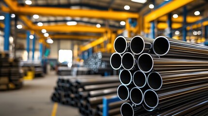 Poster - Industrial View of Stacked Steel Pipes in a Manufacturing Facility with Brightly Lit Interior and Crane Equipment in Background
