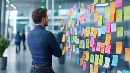 Poster - Professional Man Analyzing Colorful Sticky Notes on Wall in Modern Office Environment, Brainstorming Ideas and Innovations with Team Collaboration