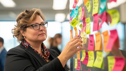 Aufkleber - Businesswoman Engaged in Creative Planning Session with Colorful Sticky Notes in Modern Office Environment