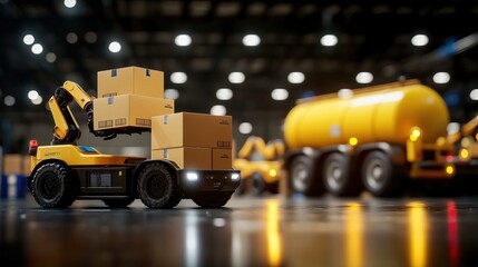 Poster - robotic arm moving boxes in modern warehouse setting with industrial background and blurred machiner