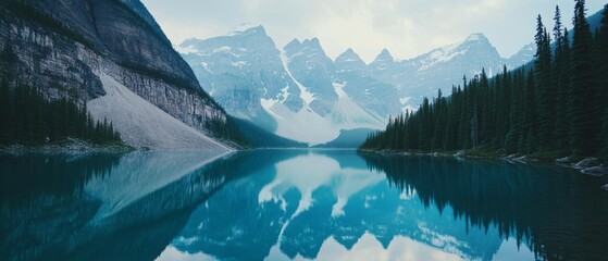 Wall Mural - Serene turquoise lake with mirror-like reflection of rugged mountains, surrounded by lush evergreen forests under a pale sky.