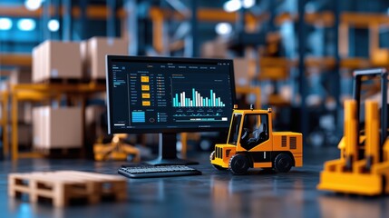 Fototapete - Detailed Overview of a Forklift and Control Panel in a Modern Warehouse Environment with Logistics Data Visualization