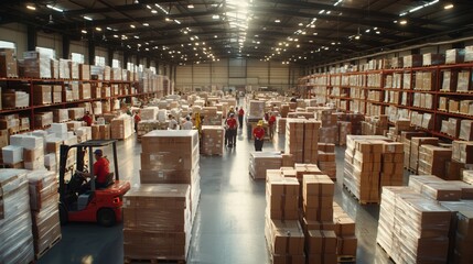 Poster - Busy warehouse interior with workers organizing, packing, and managing large stacks of cardboard boxes on pallets during daylight hours