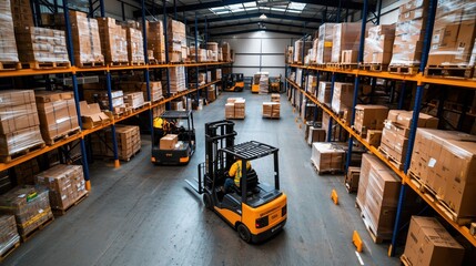 Poster - Forklifts Working in a Large Warehouse with Stacked Boxes and Pallets in an Organized Storage Space