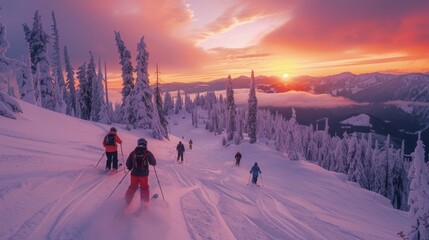 Aufkleber - Groups of skiers navigate down a snowy slope while enjoying a stunning sunset view. The landscape is adorned with snow covered trees and distant mountains.