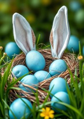 Easter themed border with blue eggs in a nest and bunny ears easter background for social media post templates easter border border easter spring decoration background card frame holiday