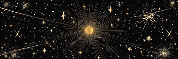 Poster - Starry night with golden sunburst and black background creating a cosmic atmosphere