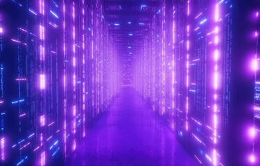 Poster - A futuristic corridor with glowing purple and blue lights resembling a digital data center or virtual network. Perfect for tech, innovation, and sci-fi themes