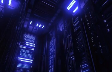 Poster - A dark futuristic server room with glowing blue lights illuminating intricate server racks, creating a high-tech and cybernetic atmosphere. Ideal for technology and data visualization projects