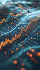 Poster - Abstract Financial Data Visualization Glowing Line Graphs and Data Points on a Dark Blue Background