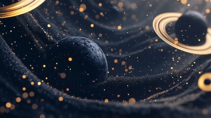 Poster - Exploration of a surreal cosmic landscape with dark textures and shimmering gold accents