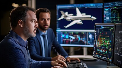 Fototapete - Focused engineers collaborating with advanced technology on aircraft design and development in a modern office environment with multiple screens