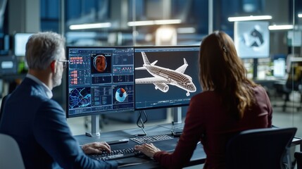 Fototapete - Engineers Analyzing Aircraft Design with Computer Graphics in Modern Workspace Setting