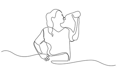 Aufkleber - Continuous one line drawing of woman drinking water from the bottle, woman drinking water from bottle continuous one line drawing after sport exercise.