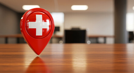 Poster - Location pin on wooden table featuring Swiss flag design and office background